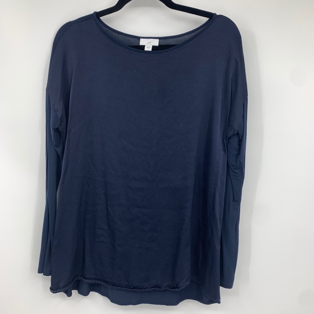 J Jill medium blouse pullover woven front knit back blue long sleeve stretch‎